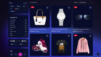 Shop with filters, sizes, and price range